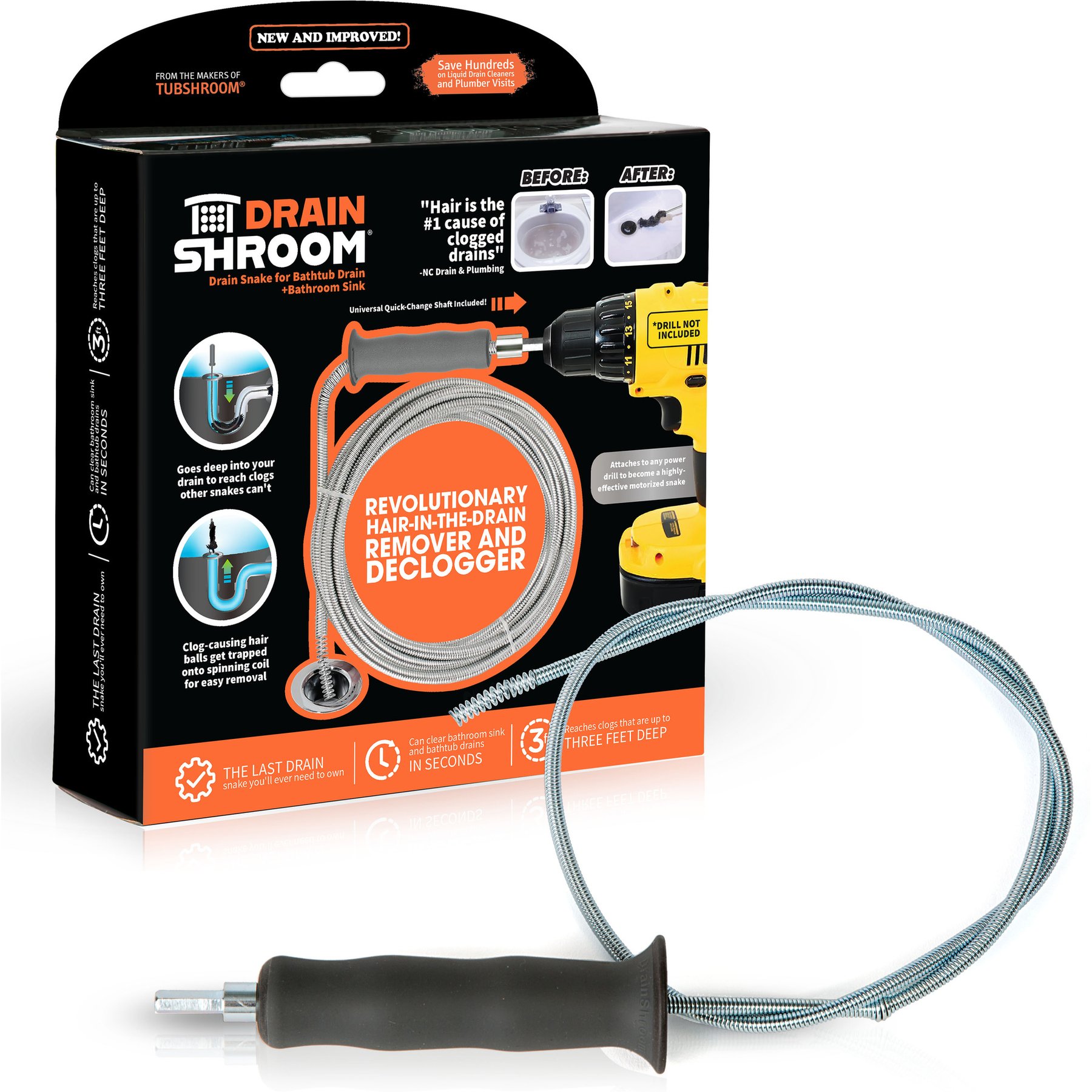DrainShroom Revolutionary Tub & Sink Snake Auger Dog, Cat & Small Pet Clog Remover for Bathroom Drains, Stainless Steel, 42-in