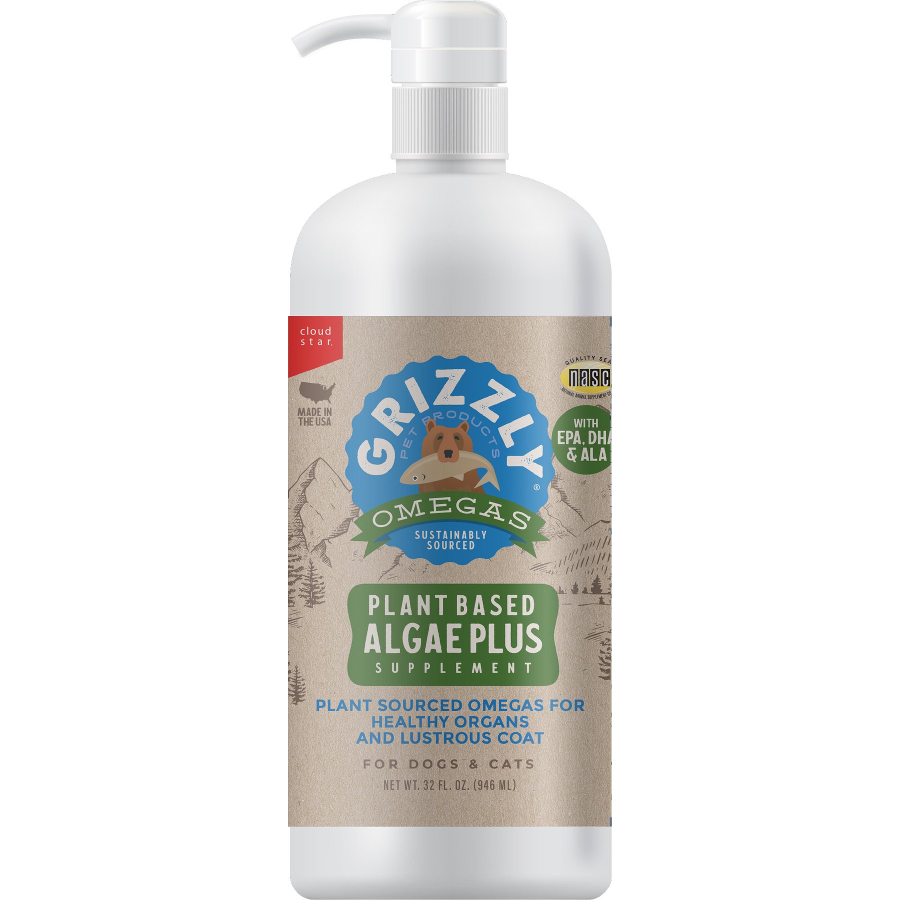 Grizzly Algal Plus Omega 3-6-9 Food Supplement for Dogs & Cats, 32-fl oz bottle