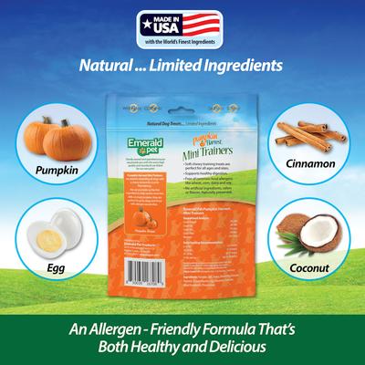 Show full view: Emerald Pet Pumpkin Harvest Mini Trainers Pumpkin Soft & Chewy Dog Treats, 6-oz bag slide 5 of 8