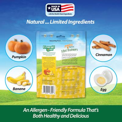 Show full view: Emerald Pet Pumpkin Harvest Mini Trainers Banana Soft & Chewy Dog Treats, 6-oz bag slide 4 of 7