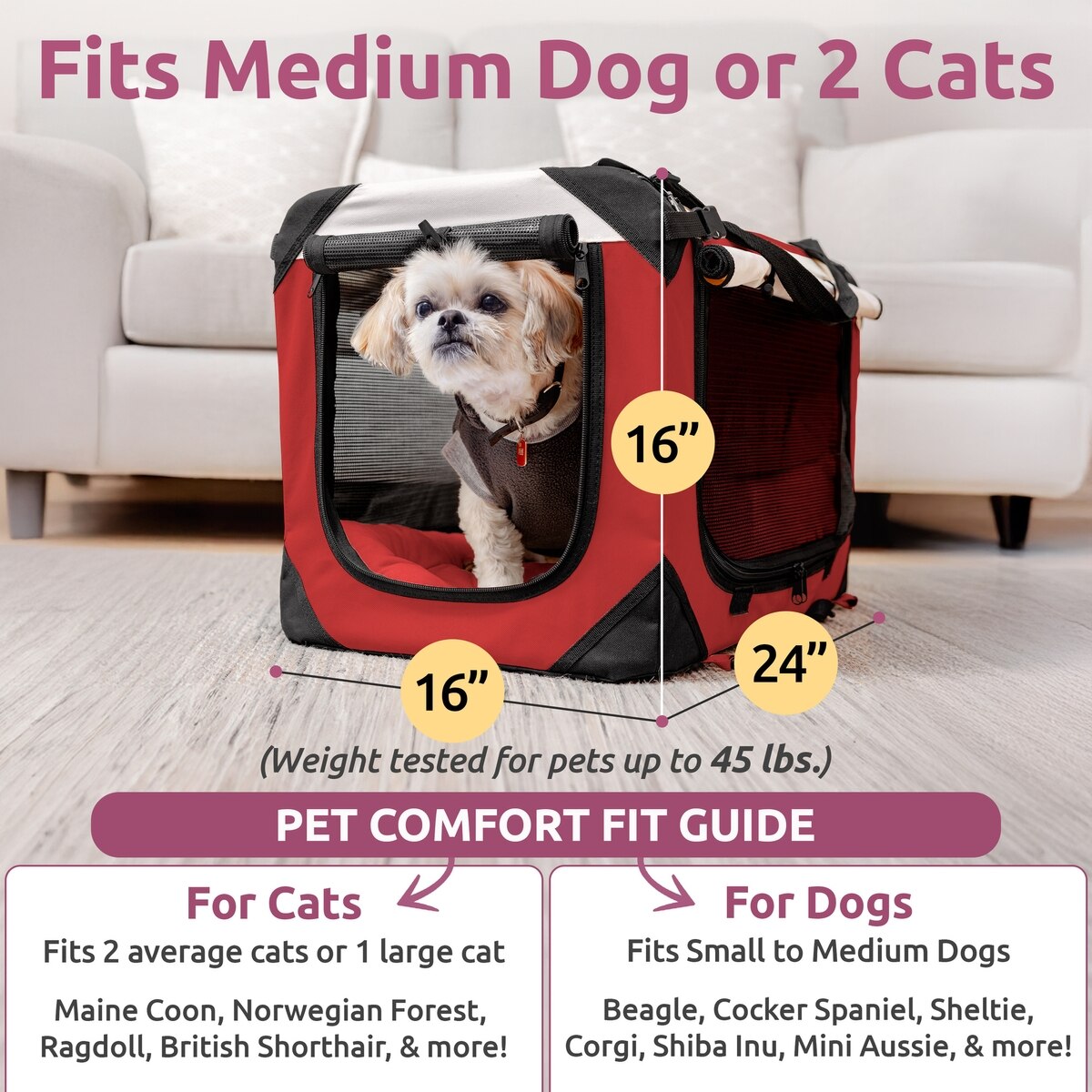 PETLUV Premium Soft-Sided Cat Dog Carrier, Red, Large