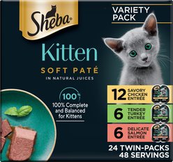 Sheba Perfect Portions Kitten Chicken, Salmon & Turkey Variety Pack Soft Pate Wet Cat Food Trays, 2.6-oz, case of 24