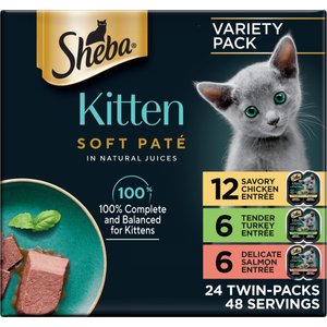 Sheba Perfect Portions Kitten Chicken, Salmon & Turkey Variety Pack Pate Wet Cat Food, 2.6-oz twin-pack tray, case of 24