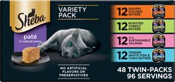 Sheba Perfect Portions Chicken, Turkey, Tuna & Salmon Variety Pack Grain-Free Pate Wet Cat Food Trays, 2.6-oz tray, case of 48