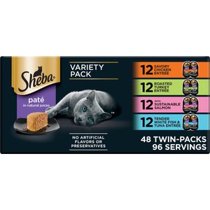 Sheba Perfect Portions Chicken, Turkey, Tuna & Salmon Variety Pack Grain-Free Pate Wet Cat Food Trays, 2.6-oz tray, case of 48