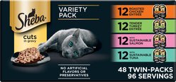 Sheba Perfect Portions Chicken, Turkey, Tuna & Salmon Variety Pack Grain-Free Cuts in Gravy Wet Cat Food Trays, 2.6-oz tray, case of 48