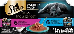 Sheba Gravy Indulgence Salmon & White Fish in Gravy Variety Pack Grain-Free Adult Wet Cat Food Trays, 2.6-oz tray, case of 12