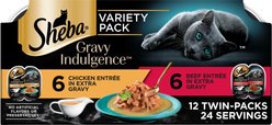 Sheba Gravy Indulgence Chicken & Beef in Extra Gravy Variety Pack Grain-Free Adult Wet Cat Food Trays, 2.6-oz tray, case of 12