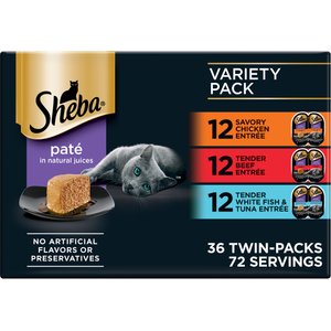 Sheba Perfect Portions Savory Chicken, Beef, Whitefish & Tuna Variety Pack Grain-Free Pate Wet Cat Food Trays, 2.6-oz, case of 36