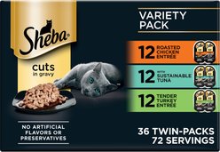 Sheba Perfect Portions Chicken, Tuna & Turkey Variety Pack Grain-Free Cuts in Gravy Wet Cat Food Trays, 2.6-oz tray, case of 36