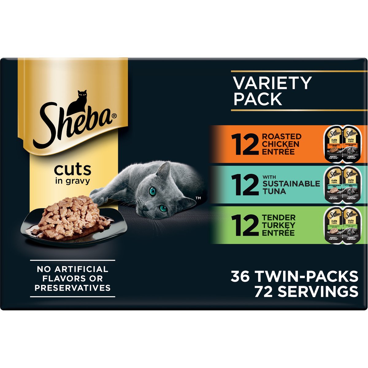 Sheba Perfect Portions Chicken, Tuna & Turkey Variety Pack Grain-Free Cuts in Gravy Wet Cat Food Trays, 2.6-oz tray, case of 36