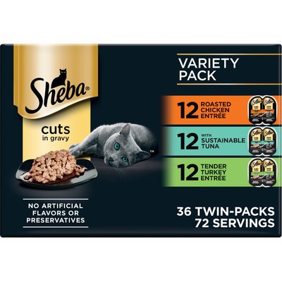 Sheba Sheba Perfect Portions Chicken, Tuna & Turkey Variety Pack Grain-Free Cuts in Gravy Wet Cat Food Trays, 2.6-oz tray, case of 36