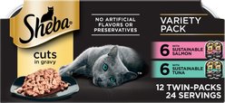 Sheba Perfect Portions Grain-Free Salmon & Sustainable Tuna Cuts in Gravy Entree Variety Pack Adult Wet Cat Food Trays, 2.6-oz, case of 12