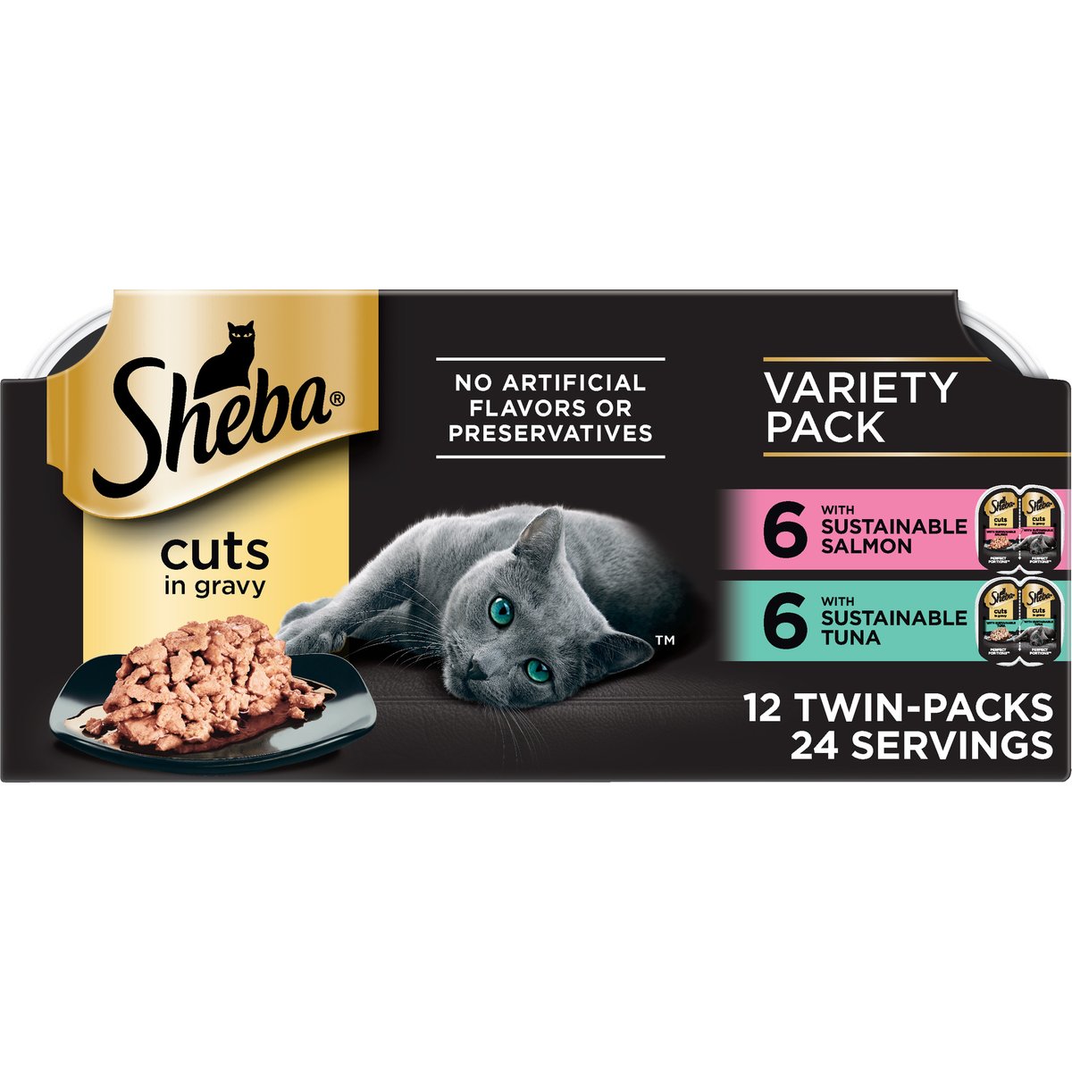 Sheba Perfect Portions Grain-Free Salmon & Sustainable Tuna Cuts in Gravy Entree Variety Pack Adult Wet Cat Food Trays, 2.6-oz, case of 12