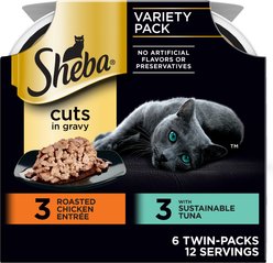 Sheba Perfect Portions Tuna & Roasted Chicken Entree Cuts in Gravy Variety Pack Adult Wet Cat Food Trays, 2.6-oz tray, case of 6