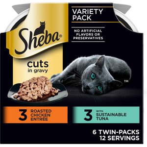Sheba Perfect Portions Tuna & Roasted Chicken Entree Cuts in Gravy Variety Pack Adult Wet Cat Food Trays, 2.6-oz tray, case of 6