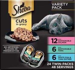 Sheba Perfect Portions Grain-Free Gourmet Salmon, Sustainable Tuna & Delicate Whitefish & Tuna Cuts in Gravy Variety Pack Adult Wet Cat Food Trays, 2.6-oz, case of 24