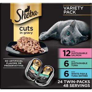 Sheba Perfect Portions Grain-Free Gourmet Salmon, Sustainable Tuna & Delicate Whitefish & Tuna Cuts in Gravy Variety Pack Adult Wet Cat Food Trays, 2.6-oz, case of 24