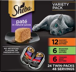 Sheba Perfect Portions Grain-Free Savory Chicken, Roasted Turkey & Tender Beef Pate Variety Pack Adult Wet Cat Food Trays, 2.6-oz tray, case of 24