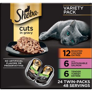 Sheba Perfect Portions Grain-Free Roasted Chicken, Gourmet Salmon & Tender Turkey Cuts in Gravy Variety Pack Adult Wet Cat Food Trays, 1.3-oz, case of 24 twin-packs