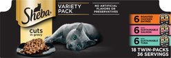 Sheba Perfect Portions Grain-Free Roasted Chicken, Gourmet Salmon & Signature Tuna Cuts in Gravy Variety Pack Adult Wet Cat Food Trays, 2.6-oz tray, case of 18