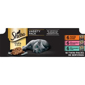 Sheba Perfect Portions Grain-Free Roasted Chicken, Gourmet Salmon & Signature Tuna Cuts in Gravy Variety Pack Adult Wet Cat Food Trays, 2.6-oz tray, case of 18