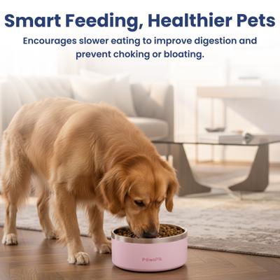 Show full view: PawsPik Stainless Steel Double Wall Slow-Feed Puzzle Dog Bowl, Cherry Blossom Pink, 64-oz slide 10 of 11