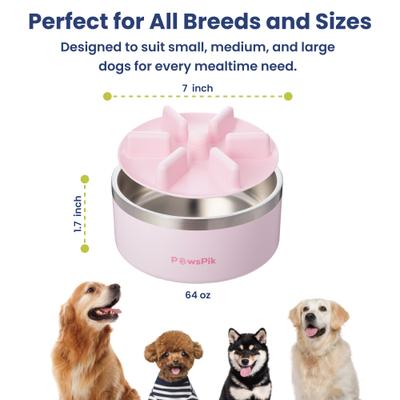 Show full view: PawsPik Stainless Steel Double Wall Slow-Feed Puzzle Dog Bowl, Cherry Blossom Pink, 64-oz slide 9 of 11