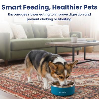 Show full view: PawsPik Stainless Steel Double Wall Slow-Feed Puzzle Dog Bowl, Midnight Summit Blue, 64-oz slide 9 of 10