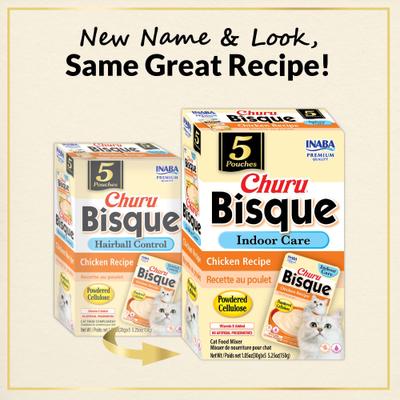 Show full view: Inaba Churu Bisque Indoor Care Chicken Recipe Creamy Puree Grain-Free Lickable Cat Treats, 1.05-oz pouch, 15 count slide 4 of 9