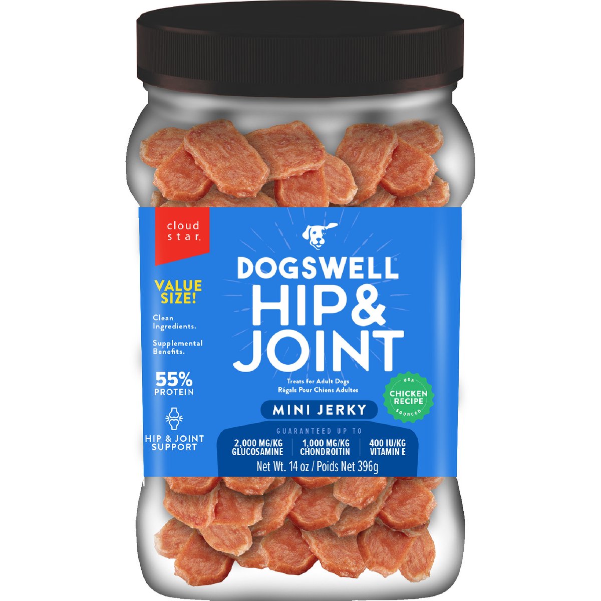 Dogswell Hip & Joint Mini Jerky Chicken Recipe Grain-Free Dog Treats, 14-oz jar