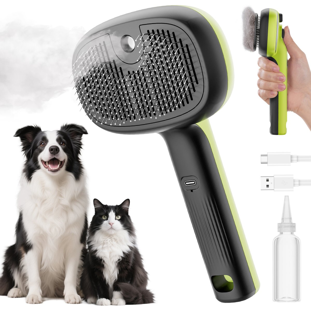 Pecute Self Cleaning Dog & Cat Hair Steam Brush, Green