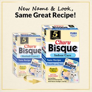Inaba Churu Bisque Indoor Care Tuna Recipe Creamy Puree Grain-Free Lickable Cat Treats, 1.05-oz pouch, 15 count