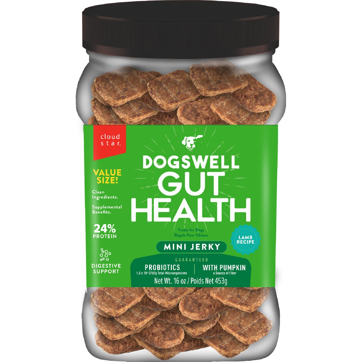 Dogswell Gut Health Mini Jerky Lamb Recipe Grain-Free Dog Treats, 16-oz jar