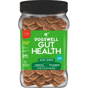 Dogswell Gut Health Mini Jerky Lamb Recipe Grain-Free Dog Treats, 16-oz jar