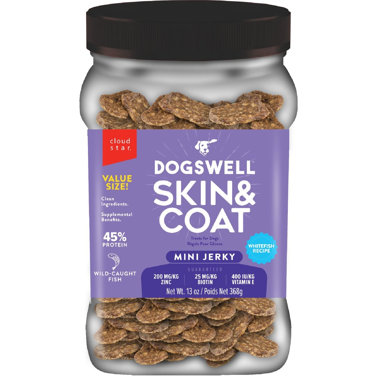 Dogswell Skin & Coat Whitefish Recipe Grain-Free Mini Jerky Dog Treats, 13-oz jar