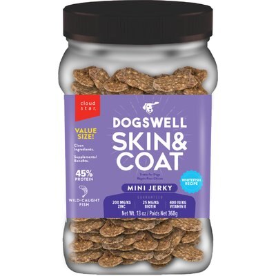 Dogswell Dogswell Skin & Coat Whitefish Recipe Grain-Free Mini Jerky Dog Treats, 13-oz jar