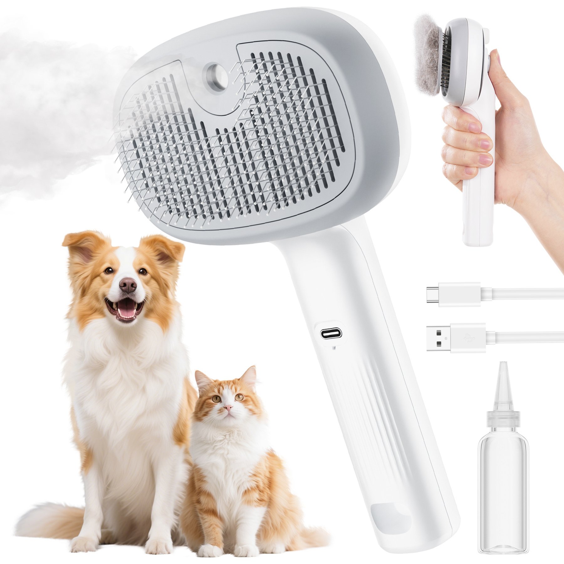 Pecute Self Cleaning Dog & Cat Hair Steam Brush, White