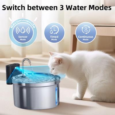 Show full view: Casfuy SY-W08L Cordless Smart 3-Mode Stainless Steel Cat Water Fountain, 119-oz slide 4 of 10