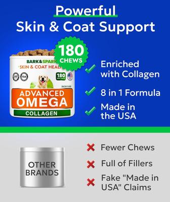 Show full view: Bark&Spark Advanced Omega-3 with Collagen & Salmon Oil Hip, Joint, Skin & Coat Chew Supplement for Dogs, 180 count slide 6 of 10