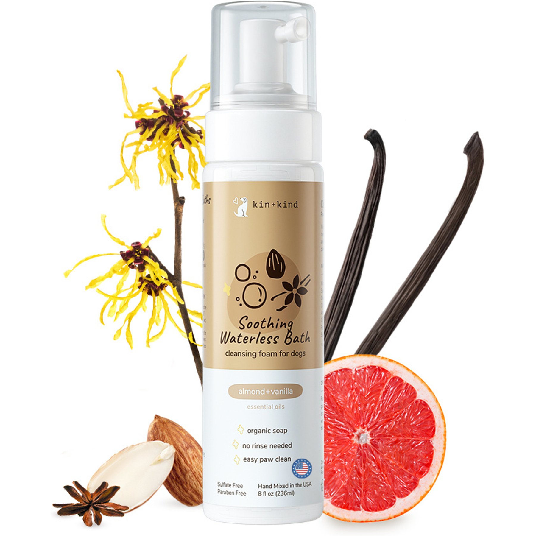 kin+kind Soothing Waterless Bath Almond+Vanilla for Dogs, 8-fl oz bottle