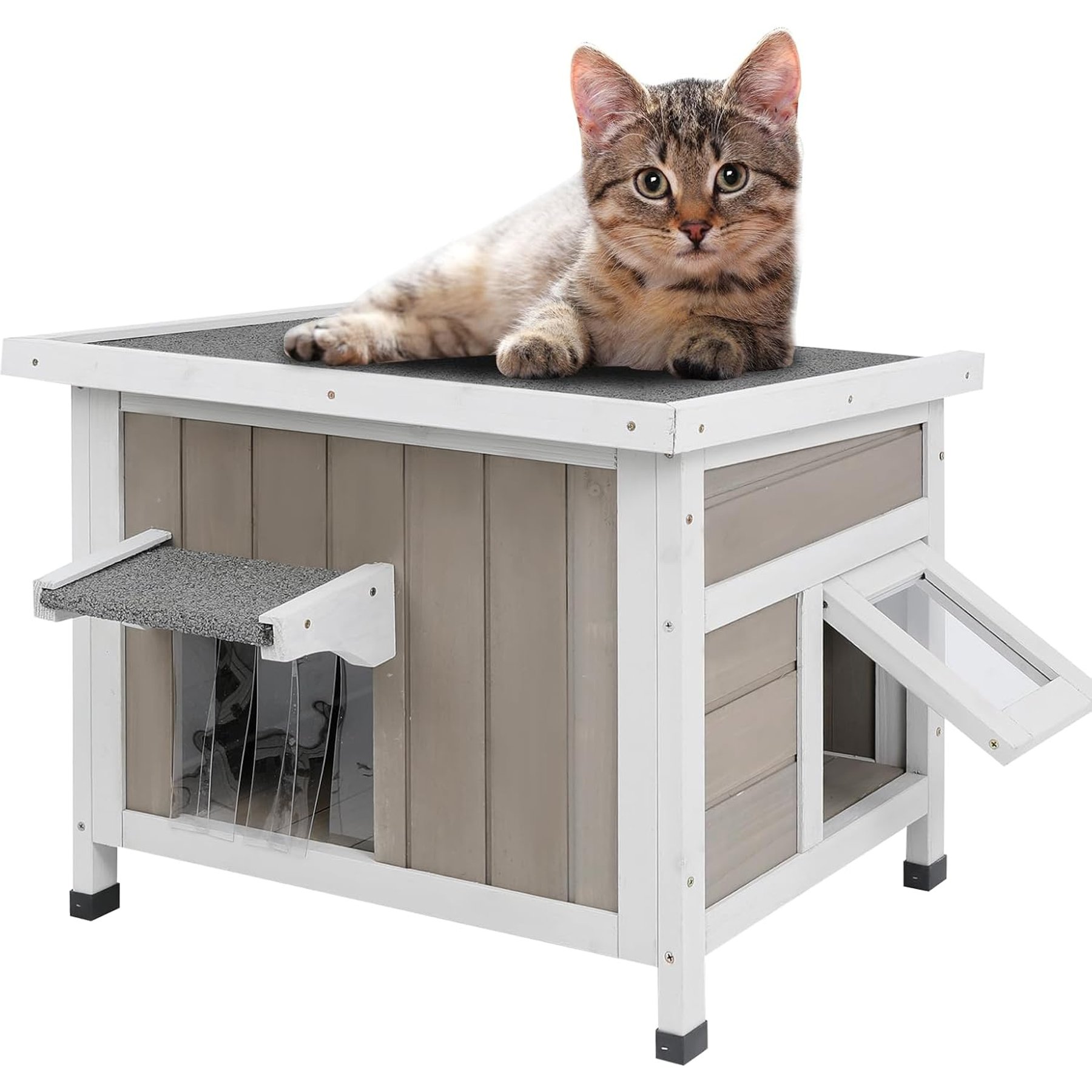 Petscosset Outdoor Cat House with Openable Roof, Gray, 22.4 x 18.4 x 17.5-in