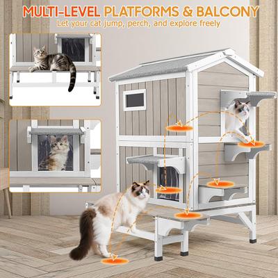 Show full view: Petscosset Insulated Outdoor Two-Story Cat House with Raised Base & Openable Roof, Gray, 33.5 x 25.6 x 39.5-in slide 7 of 12
