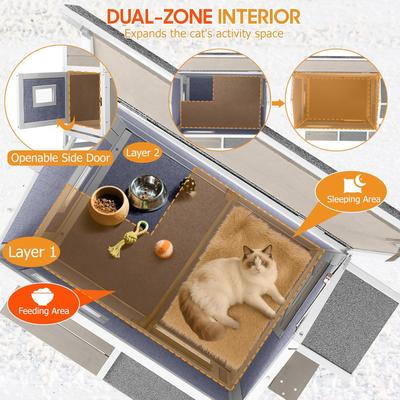 Show full view: Petscosset Insulated Outdoor Two-Story Cat House with Raised Base & Openable Roof, Gray, 33.5 x 25.6 x 39.5-in slide 5 of 12
