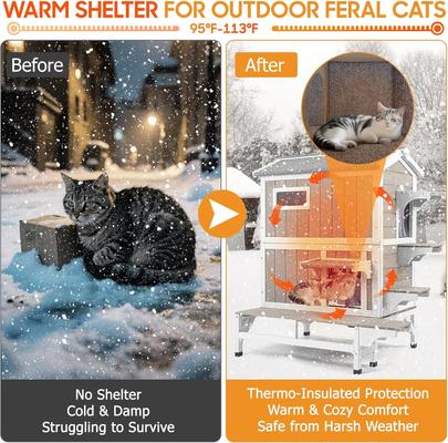 Show full view: Petscosset Insulated Outdoor Two-Story Cat House with Raised Base & Openable Roof, Gray, 33.5 x 25.6 x 39.5-in slide 4 of 12