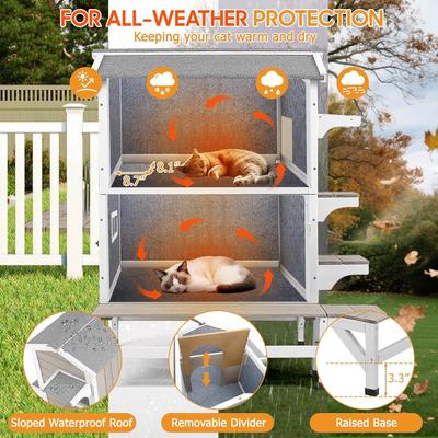 Show full view: Petscosset Insulated Outdoor Two-Story Cat House with Raised Base & Openable Roof, Gray, 33.5 x 25.6 x 39.5-in slide 6 of 12