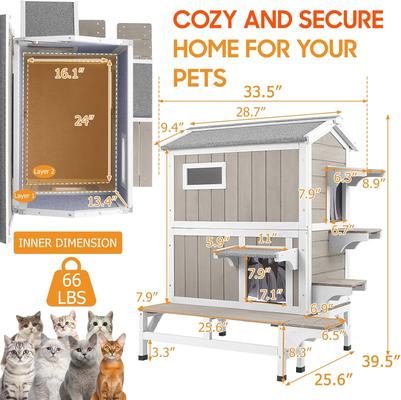 Show full view: Petscosset Insulated Outdoor Two-Story Cat House with Raised Base & Openable Roof, Gray, 33.5 x 25.6 x 39.5-in slide 2 of 12