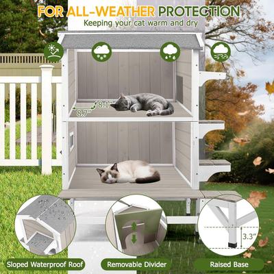 Show full view: Petscosset Outdoor Two-Story Cat House with Raised Base & Openable Roof, Gray, 33.5 x 25.6 x 39.5-in slide 5 of 9