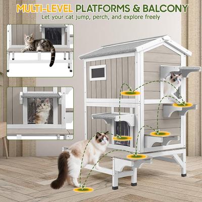 Show full view: Petscosset Outdoor Two-Story Cat House with Raised Base & Openable Roof, Gray, 33.5 x 25.6 x 39.5-in slide 6 of 9