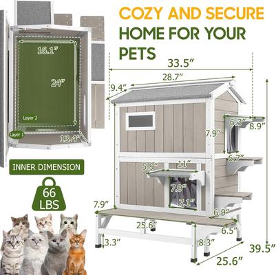 Show full view: Petscosset Outdoor Two-Story Cat House with Raised Base & Openable Roof, Gray, 33.5 x 25.6 x 39.5-in slide 2 of 9